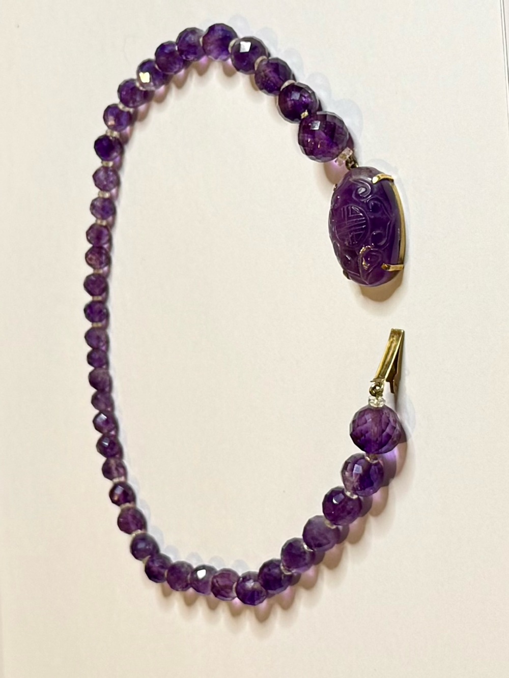 VTG Walter Lampl 14KT Gold Carved Amethyst Shou Bead Chinese Estate Necklace